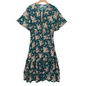 Baltic Born Spell Boho Midi Dress Womens L/XL Green Floral Tiered Romantic Fairy